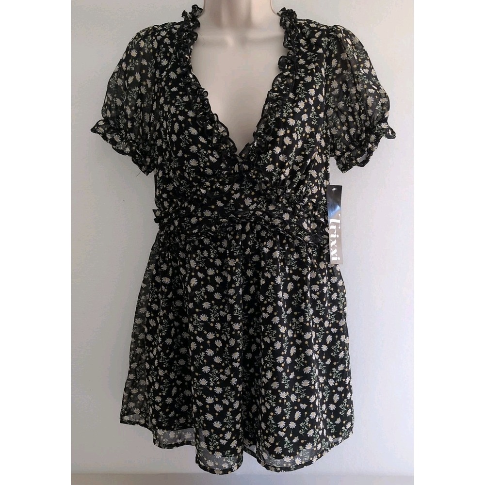 Trixxi Black Ditzy Floral Romper Black Short Set Sz M NWT Spring Easter